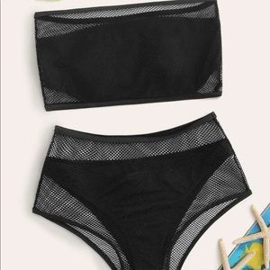 Fish net bandeau cheeky high waist bikini set